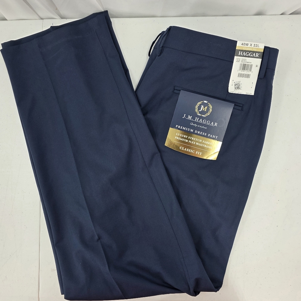 NWT JM Haggar Premium Dress Pants Men 40x32 Classic Fit Lux Stretch Blue Flex.